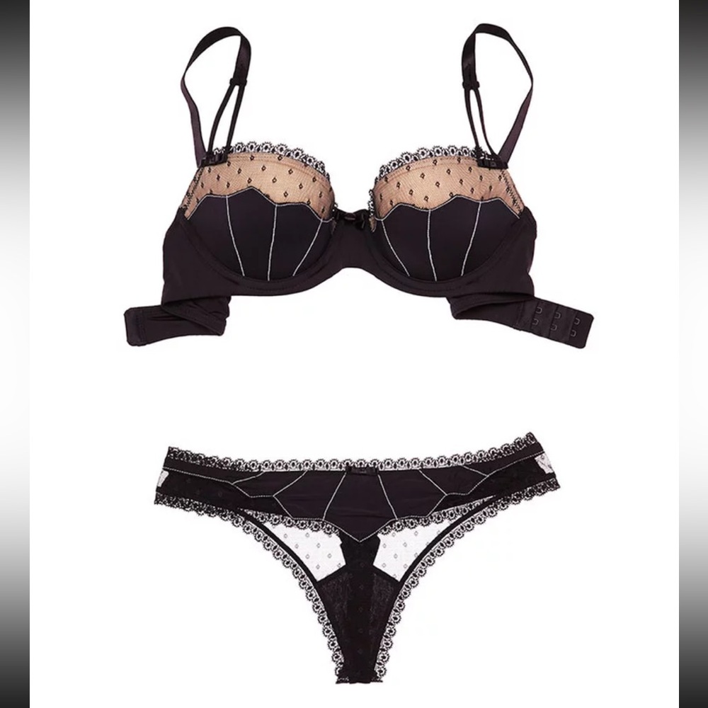 Adore me Rylie push-up balconette bra and panty set NWT black and tan 34B / Lrg
